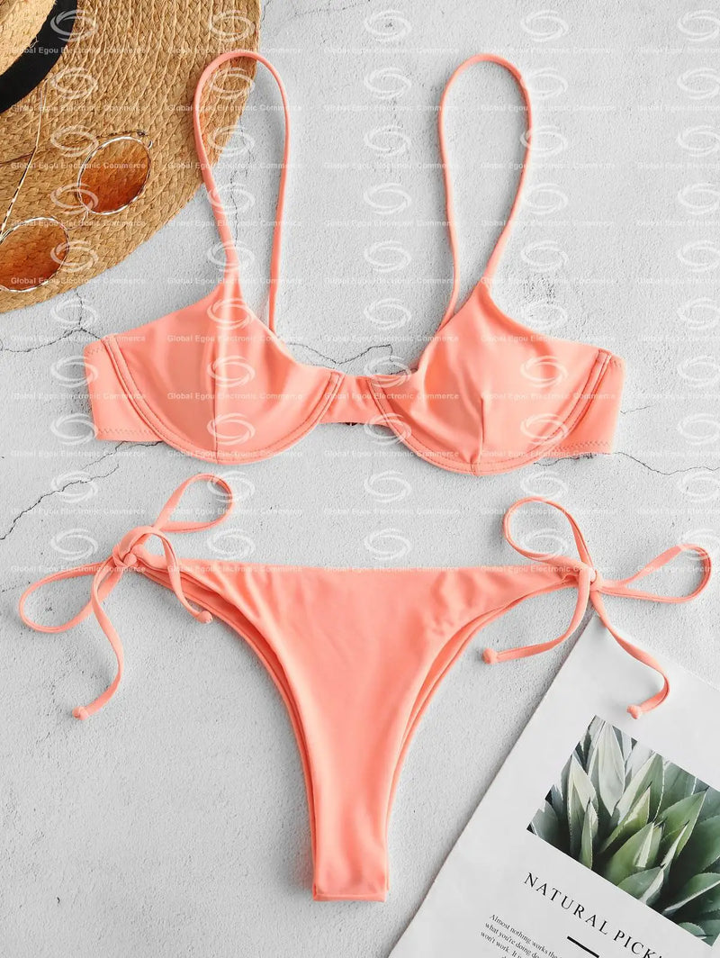 Sexy Neon Orange V-Bar Underwired Bikini 2021 Women Ribbed Swimsuit Women High Cut Bandage Bathing Suit Thong Swimwear Biquini