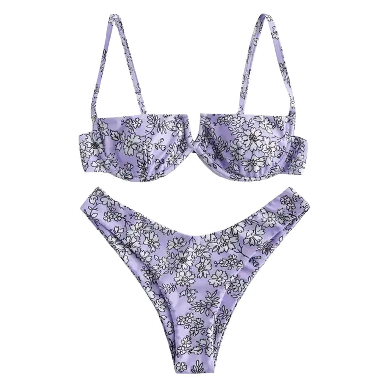 High Cut Bikini 2020 Women Purple Floral Print Underwire Swimsuit Brazilian Summer Bathers Bathing Suit Thong Micro Swimwear