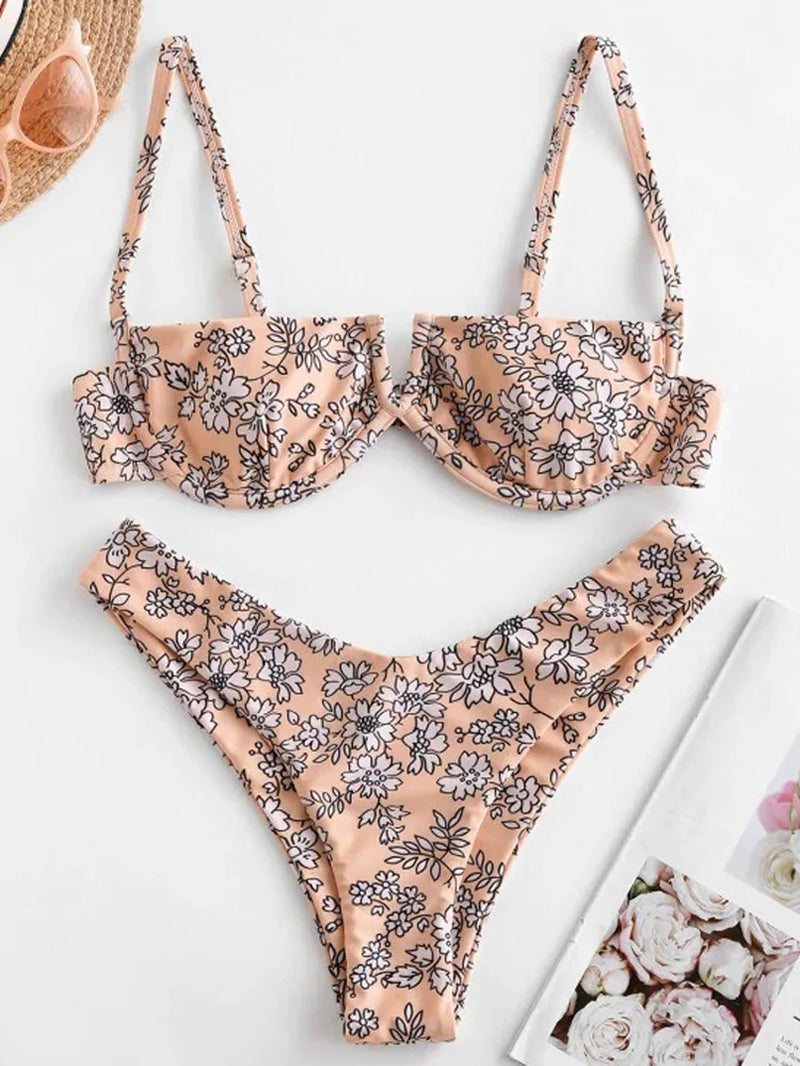 High Cut Bikini 2020 Women Purple Floral Print Underwire Swimsuit Brazilian Summer Bathers Bathing Suit Thong Micro Swimwear