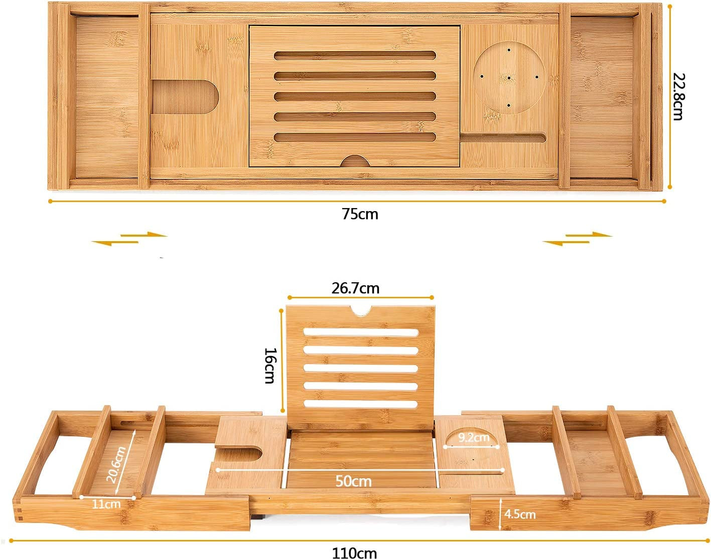 Bamboo Bathtub Caddy Tray with Extending Sides, Cellphone Tray and Wineglass Holder，Free Soap Holder