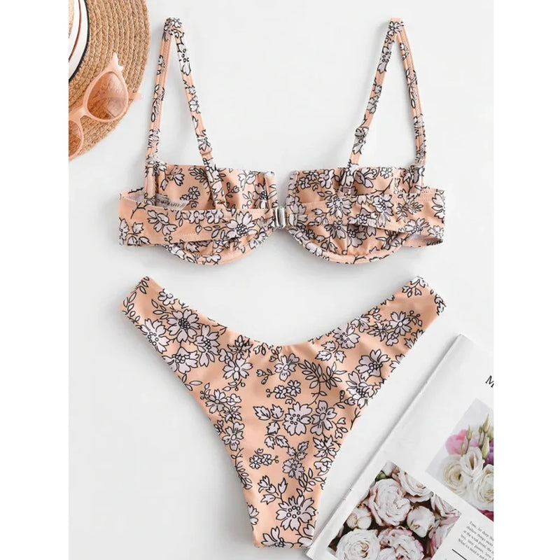 High Cut Bikini 2020 Women Purple Floral Print Underwire Swimsuit Brazilian Summer Bathers Bathing Suit Thong Micro Swimwear