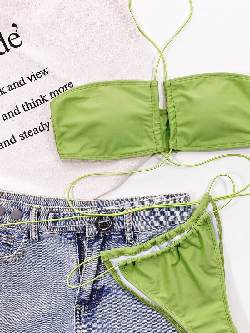 Sexy Bikini Women Solid Green Hollow Out Bandage Cross Triangle Swimsuit Brazilian Bathers Beach Bathing Suit Swimwear Biquini