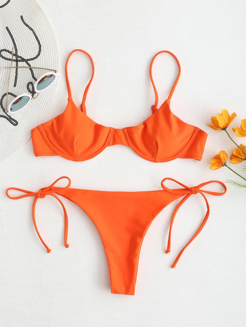 Sexy Neon Orange V-Bar Underwired Bikini 2021 Women Ribbed Swimsuit Women High Cut Bandage Bathing Suit Thong Swimwear Biquini