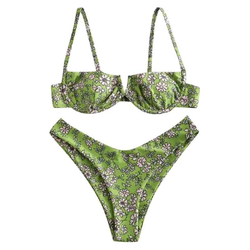 High Cut Bikini 2020 Women Purple Floral Print Underwire Swimsuit Brazilian Summer Bathers Bathing Suit Thong Micro Swimwear