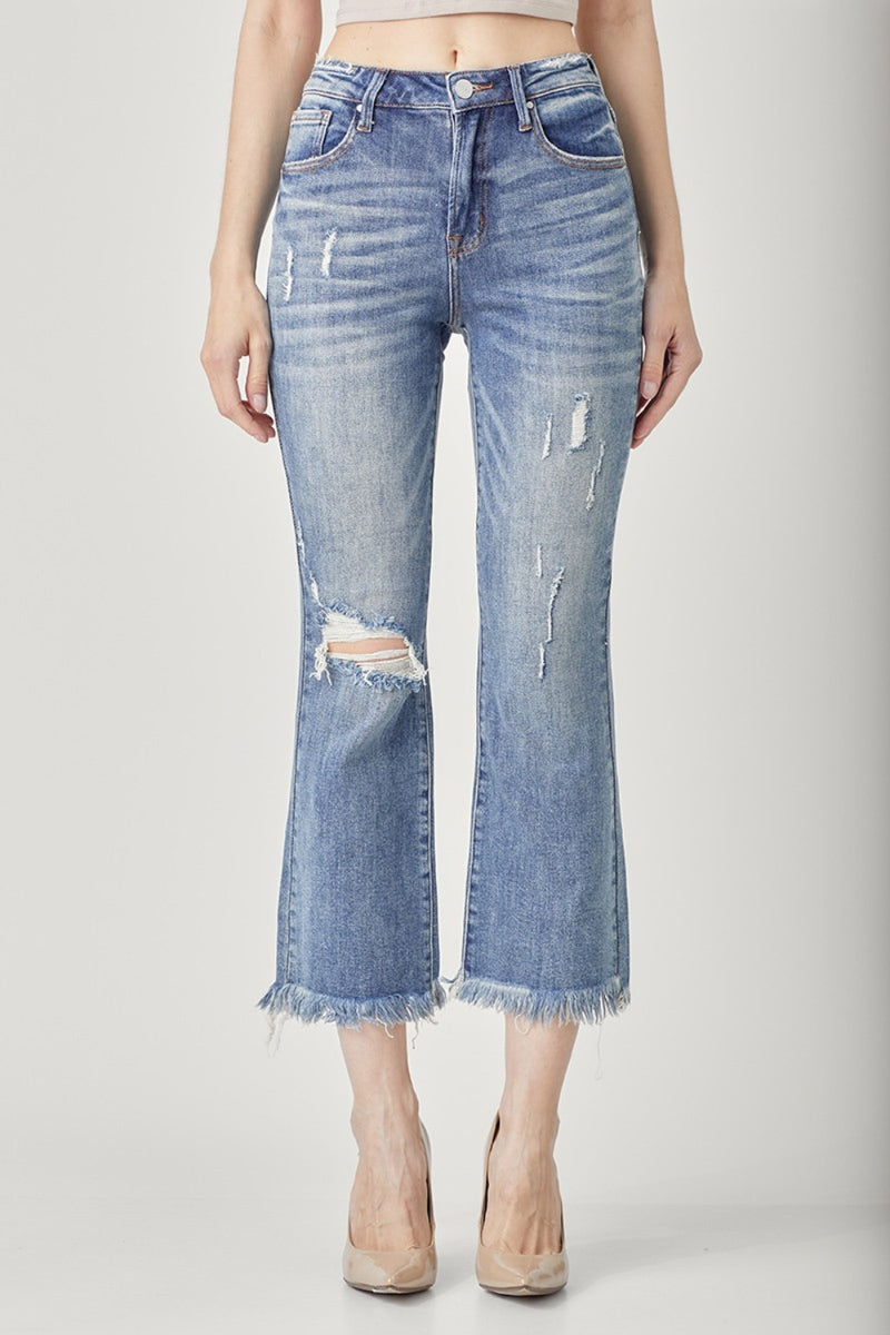 RISEN High Waist Distressed Cropped Bootcut Jeans