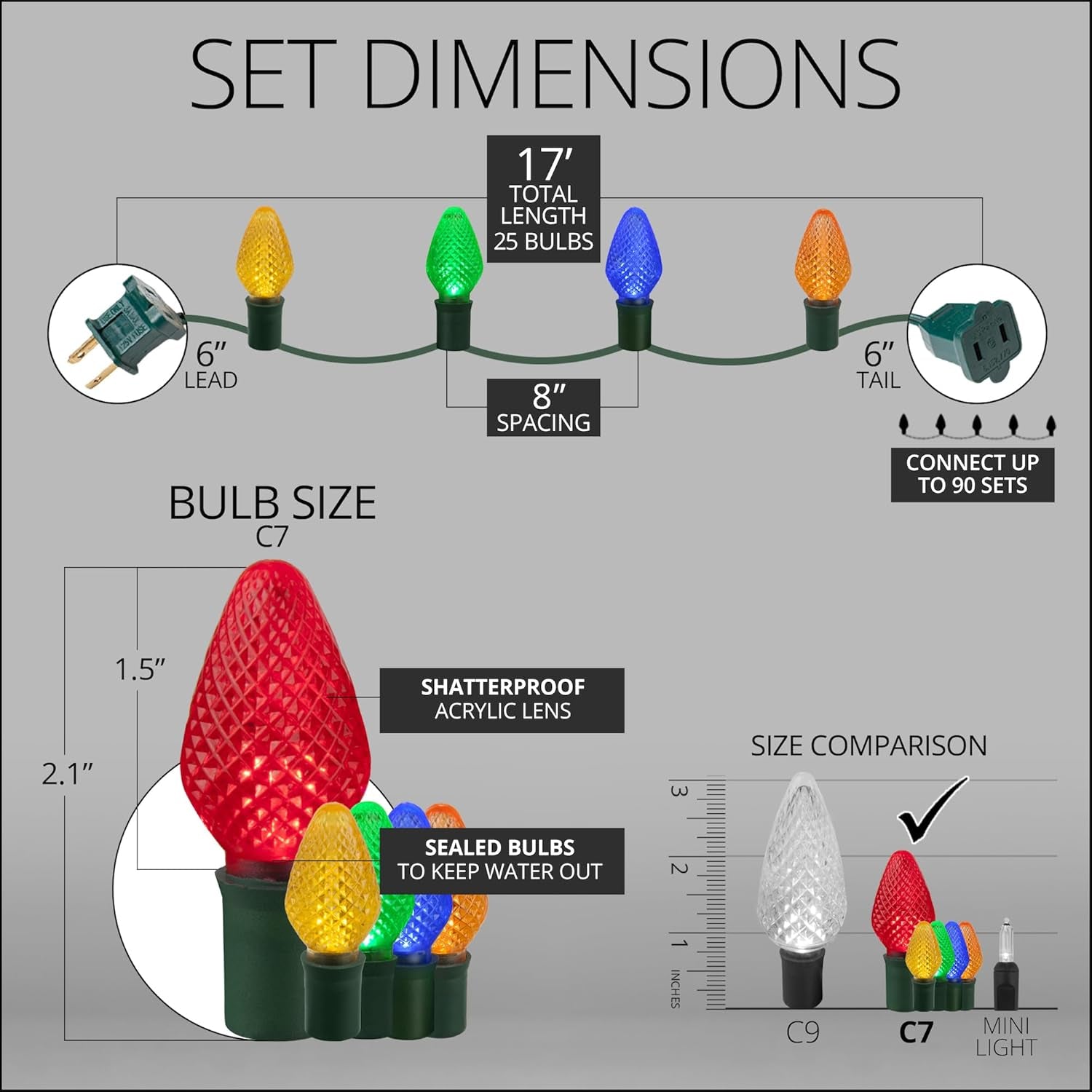 C7 LED Faceted Multicolor Prelamped Light Set, Green Wire - 25 C7 Multi Color LED Christmas Lights, 8" Spacing