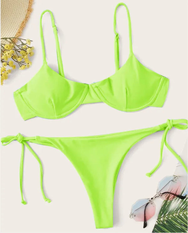 Sexy Neon Orange V-Bar Underwired Bikini 2021 Women Ribbed Swimsuit Women High Cut Bandage Bathing Suit Thong Swimwear Biquini