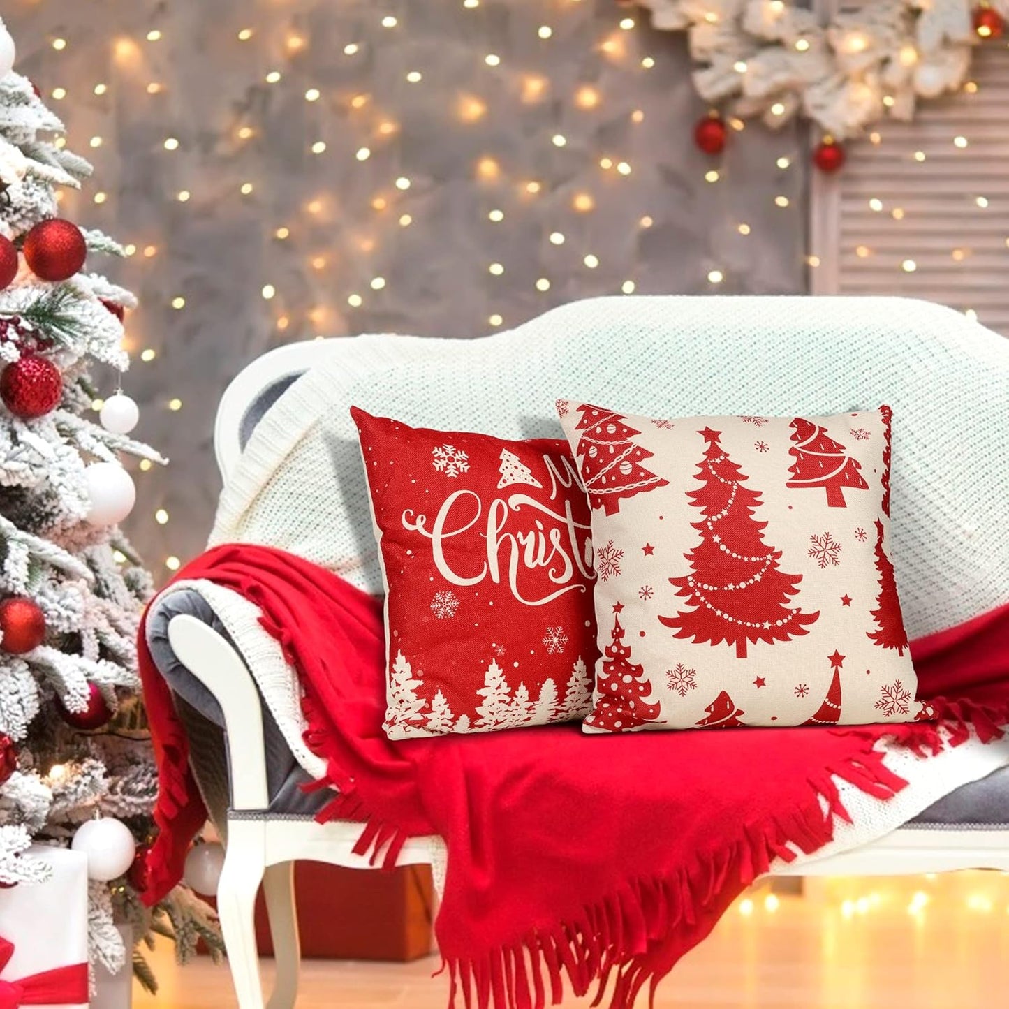 Christmas Pillow Covers 16X16 Set of 4 Red Throw Pillowcase Christmas Decorations Snowflake Farmhouse Linen Cushion Pillow Case for Home Decor Holiday Decorative