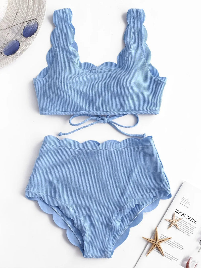 Solid Blue Two Pieces Swimsuit Bathing Suits Bikini Women Scalloped Textured High Waisted Bikini Set Lace up Bathing Suits XXL