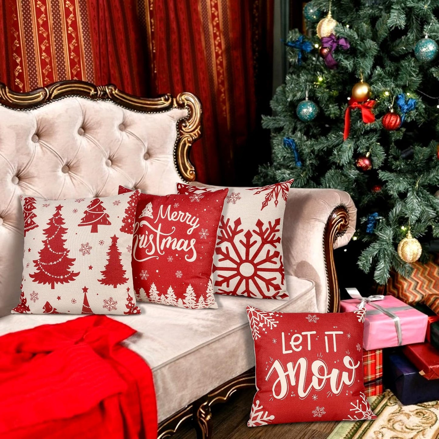 Christmas Pillow Covers 16X16 Set of 4 Red Throw Pillowcase Christmas Decorations Snowflake Farmhouse Linen Cushion Pillow Case for Home Decor Holiday Decorative