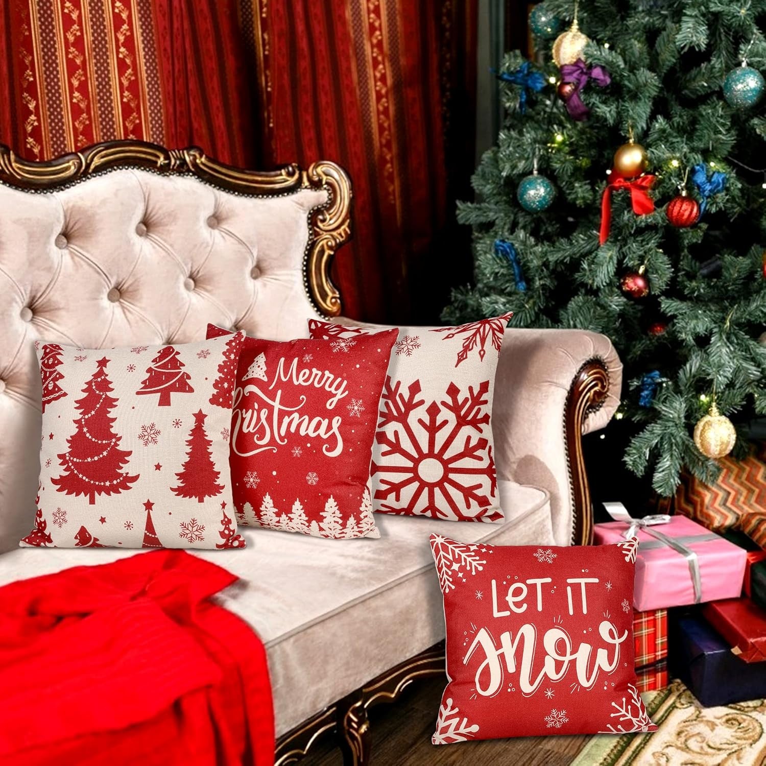 Christmas Pillow Covers 16X16 Set of 4 Red Throw Pillowcase Christmas Decorations Snowflake Farmhouse Linen Cushion Pillow Case for Home Decor Holiday Decorative