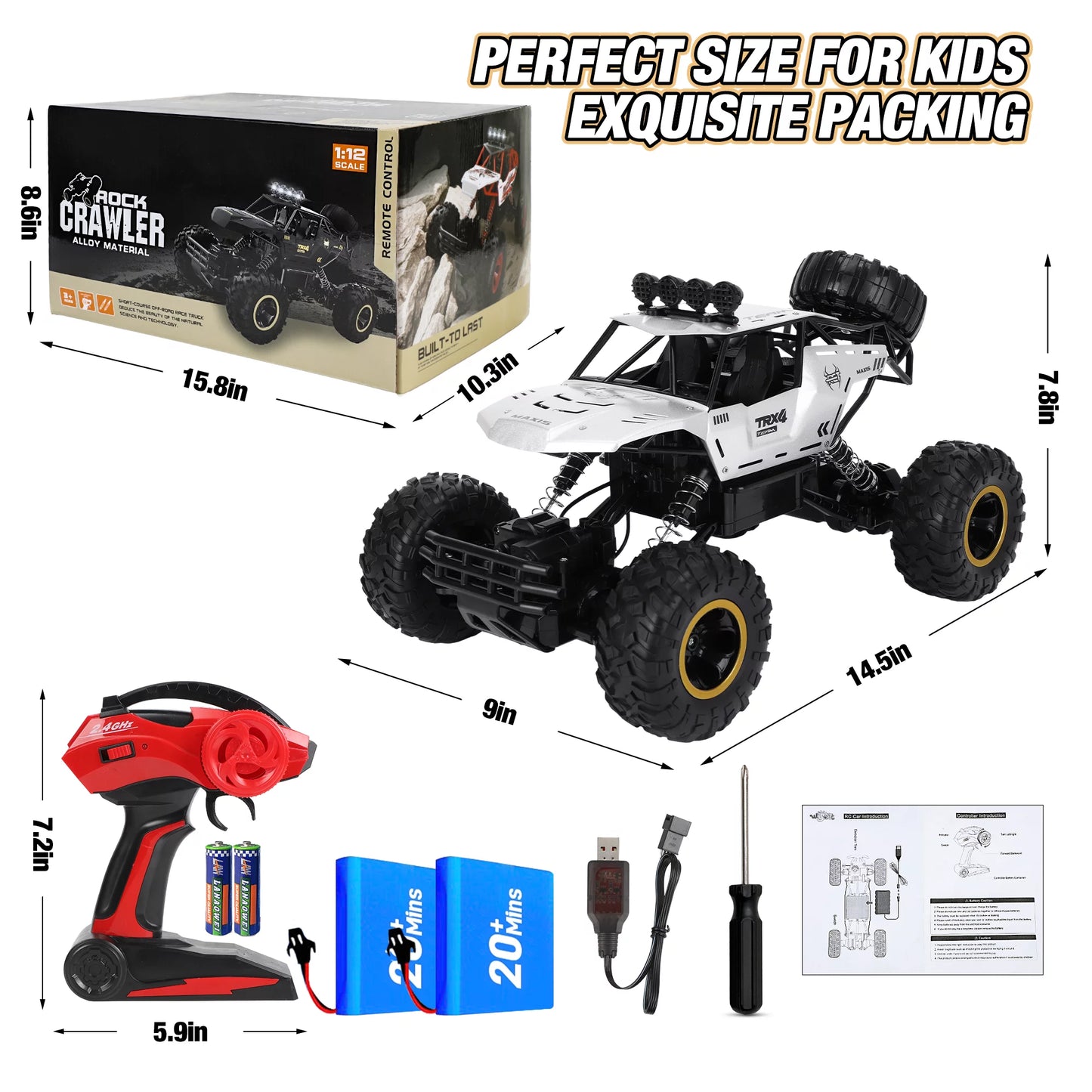 1:12 Large RC Cars,4Wd Large Remote Control Monster Truck 2.4 Ghz Alloy RC Cars for Kids Adults Aged 6 + Birthday Christmas Gifts (Silver)