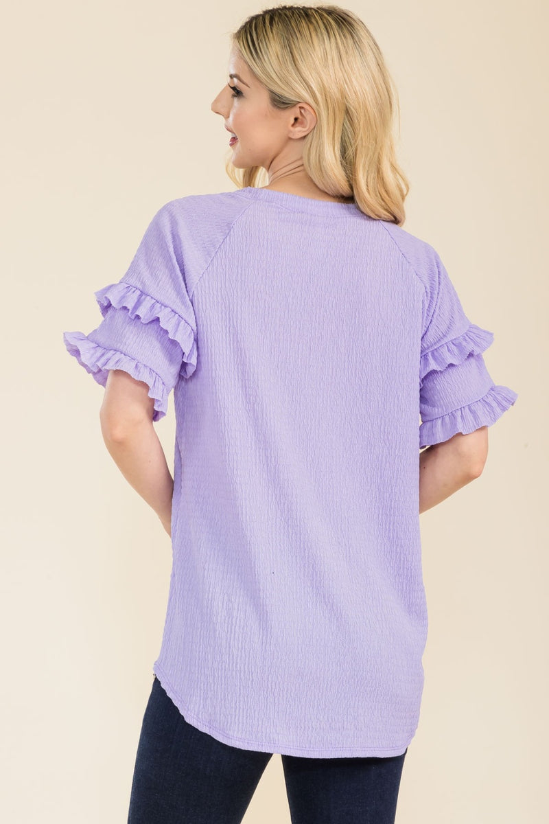 Celeste Full Size Ruffle Short Sleeve Texture Top