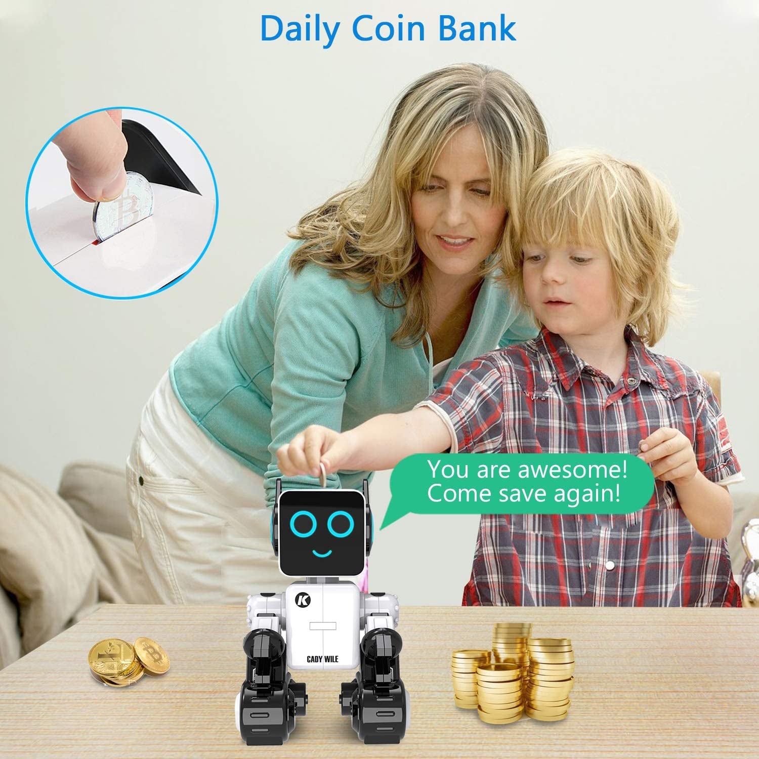 Rechargeable RC Robot Toy for Kids - Interactive Intelligent LED Light, Speaks, Dances, Built-In Coin Bank (White)