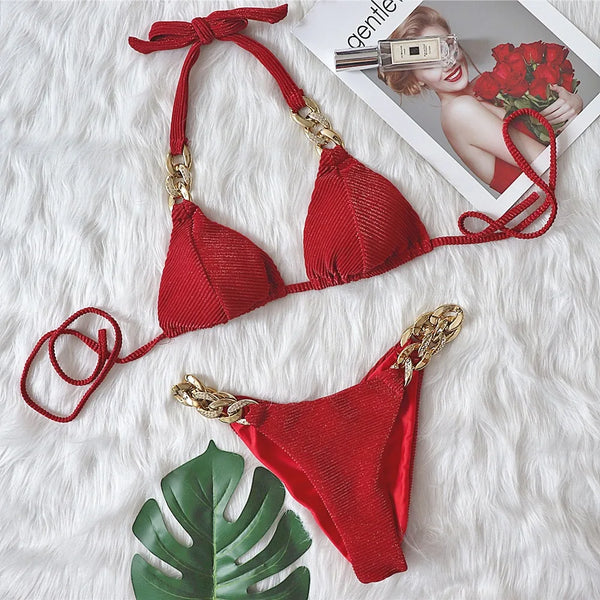 Sexy Rhinestone Bikini Halter Solid Red Push up Pad Metal Chain Swimsuit Brazilian Bathers Bathing Suit Thong Swimwear Biquini