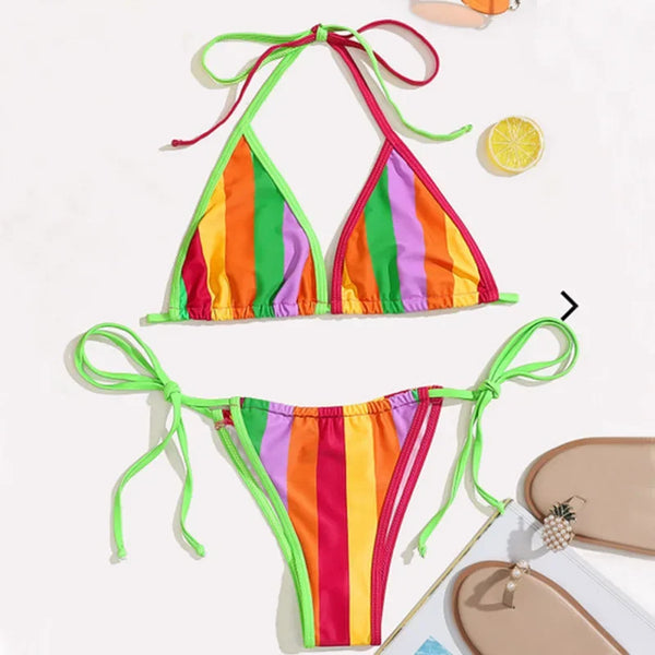 Sexy Rainbow Striped Bikini Swimwear Women 2024 Bandage High Cut Push up Thong Swimsuit Summer Bathing Suit Micro Bikini Biquini