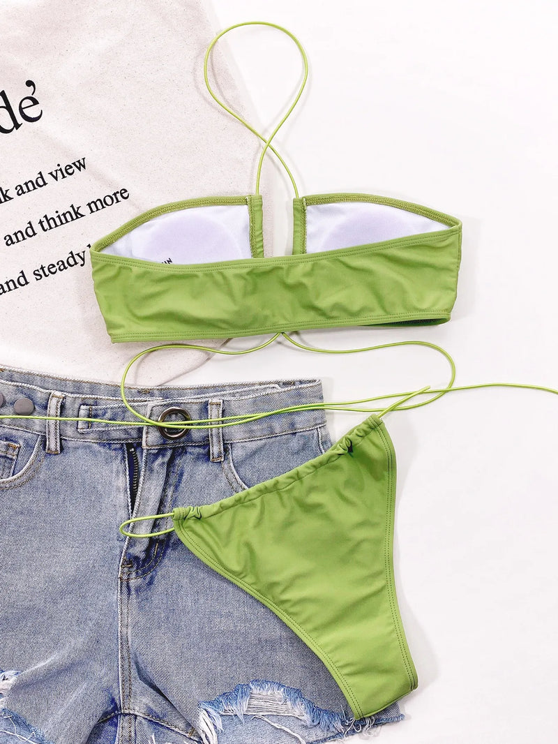 Sexy Bikini Women Solid Green Hollow Out Bandage Cross Triangle Swimsuit Brazilian Bathers Beach Bathing Suit Swimwear Biquini