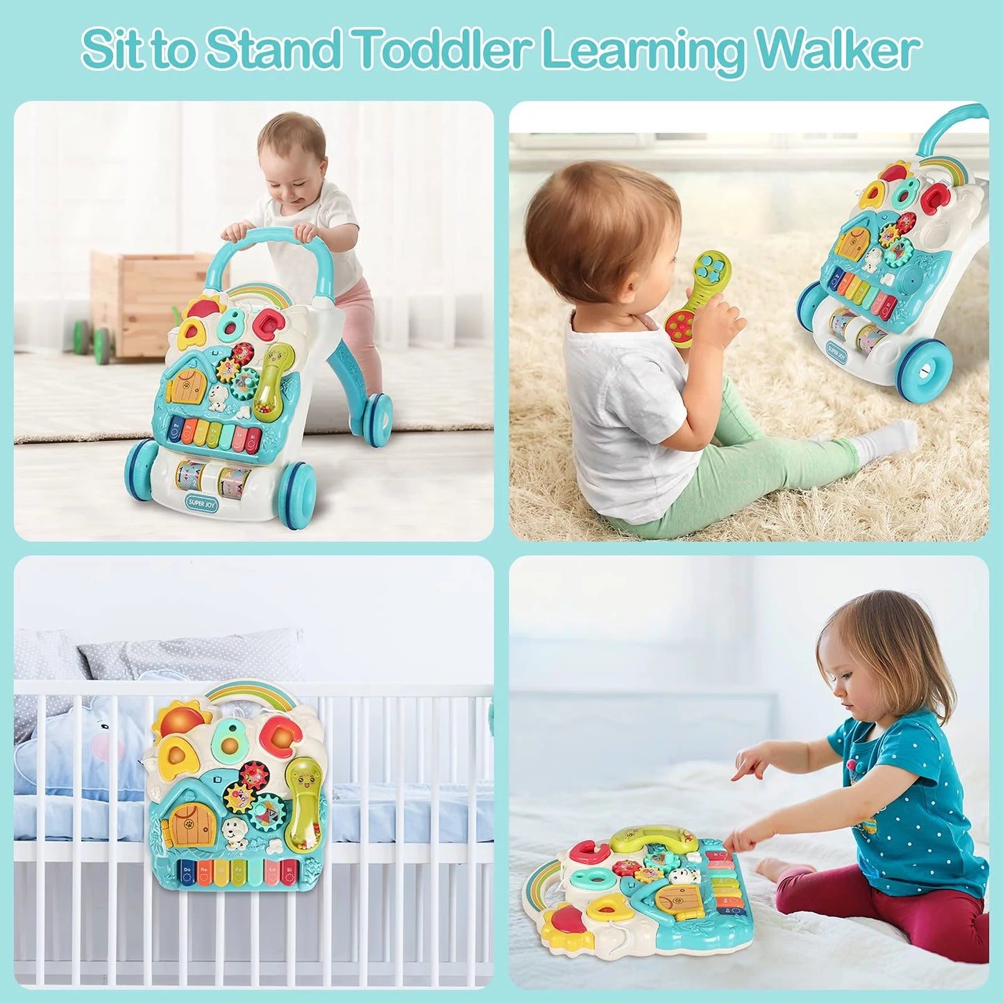 Sit to Stand Learning Walker, 3 in 1 Baby Learning Walkers & Removable Play Panel, Early Education Activity Center with Lights, Music Learning Toys Birthday Gift for Baby Boys Girls