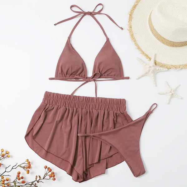 Sexy Front Tie 3 Piece Bikini Set Women Solid Push up Padded High Waist Swimsuit Female Beach Bathing Suit Swimwear Biquini