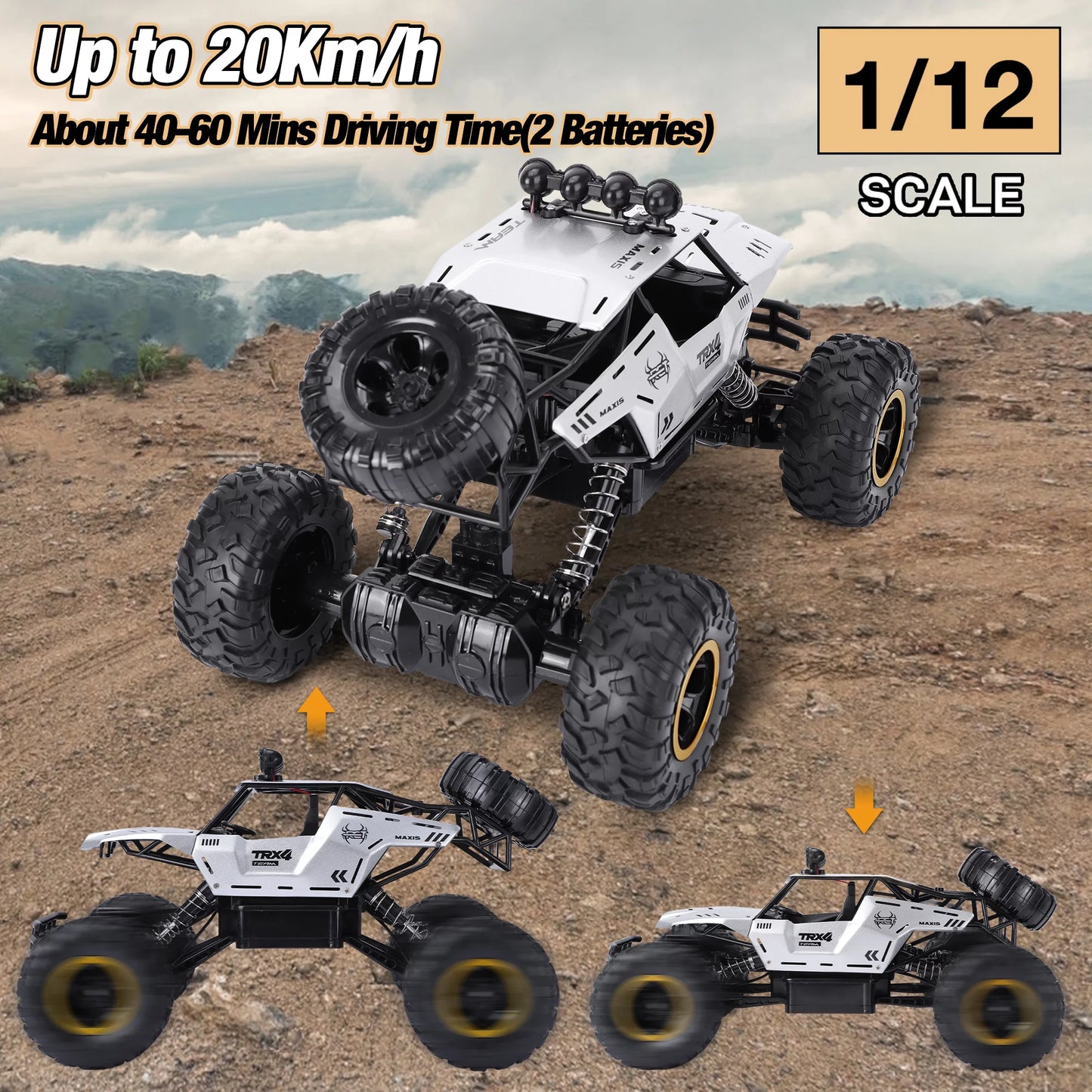 1:12 Large RC Cars,4Wd Large Remote Control Monster Truck 2.4 Ghz Alloy RC Cars for Kids Adults Aged 6 + Birthday Christmas Gifts (Silver)