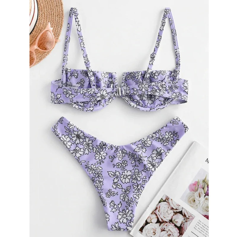 High Cut Bikini 2020 Women Purple Floral Print Underwire Swimsuit Brazilian Summer Bathers Bathing Suit Thong Micro Swimwear