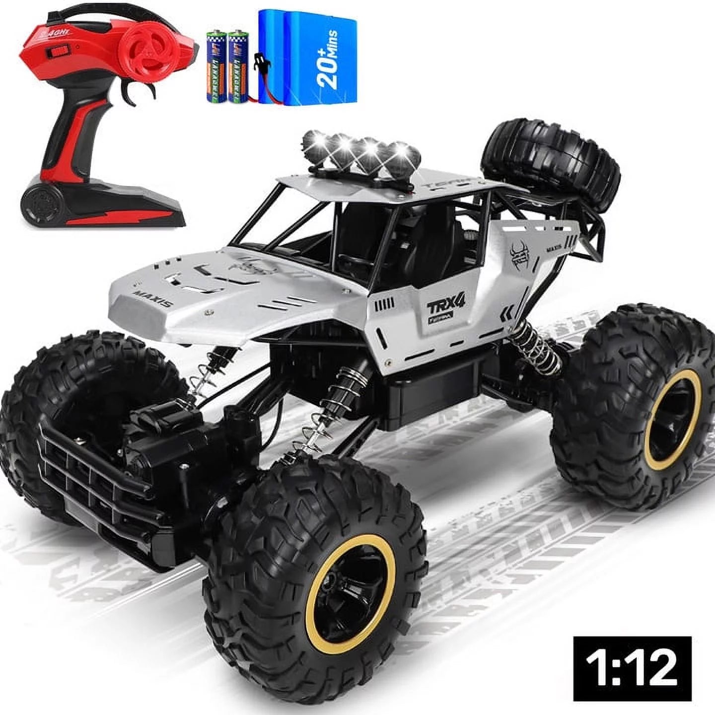 1:12 Large RC Cars,4Wd Large Remote Control Monster Truck 2.4 Ghz Alloy RC Cars for Kids Adults Aged 6 + Birthday Christmas Gifts (Silver)