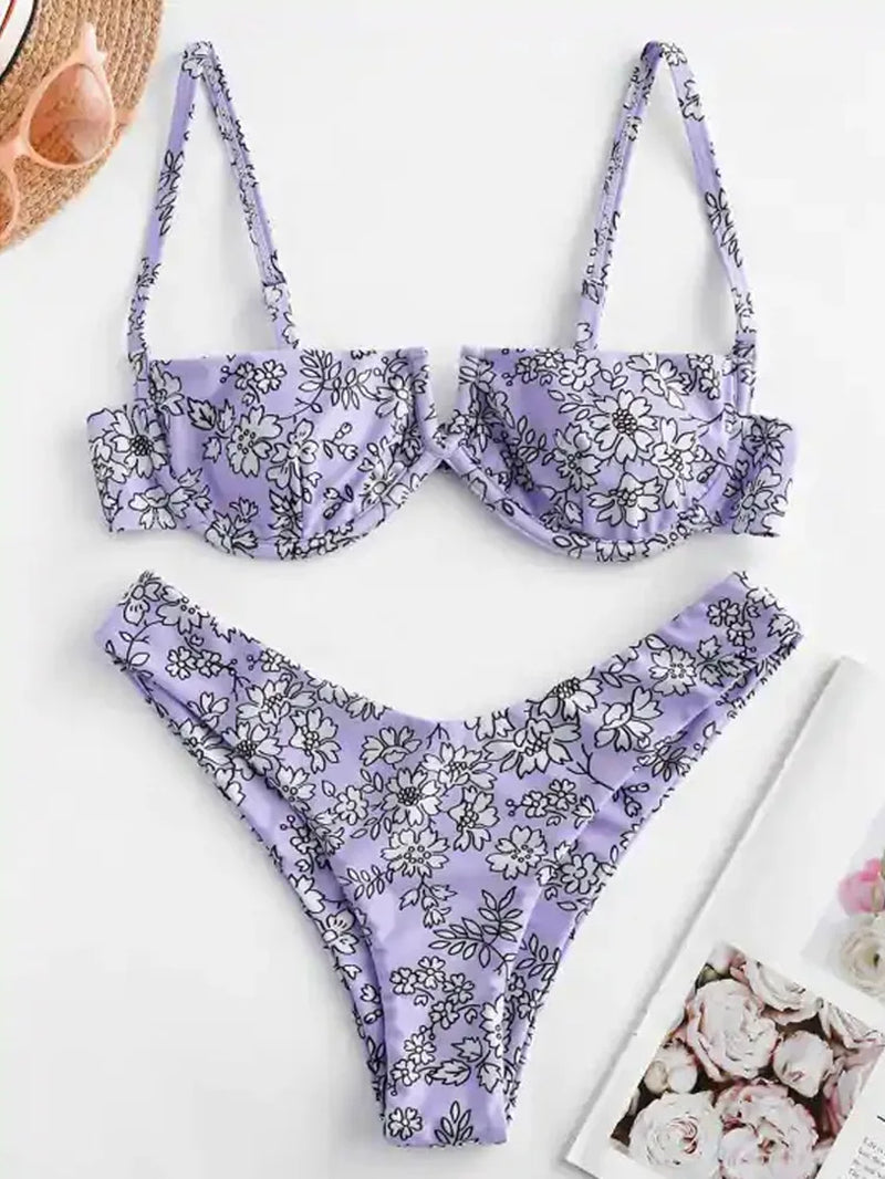 High Cut Bikini 2020 Women Purple Floral Print Underwire Swimsuit Brazilian Summer Bathers Bathing Suit Thong Micro Swimwear