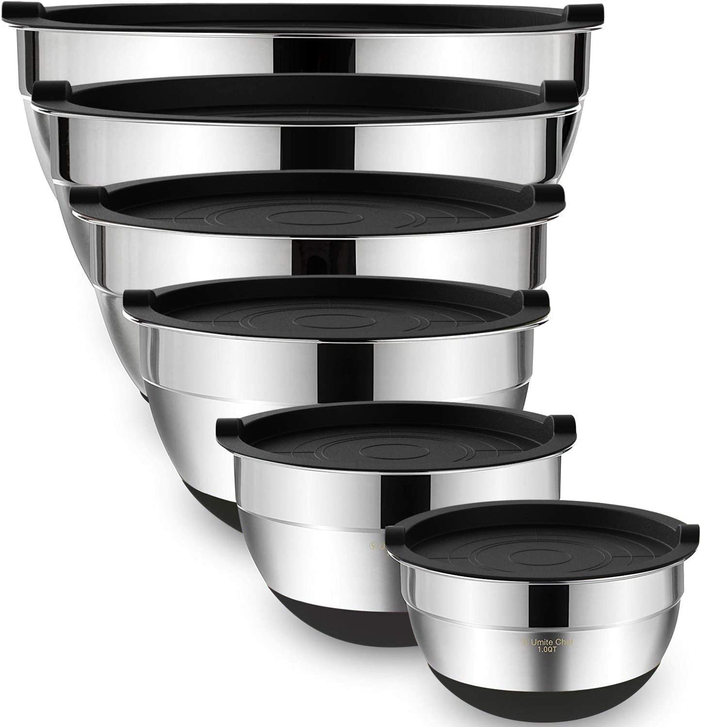 Mixing Bowls with Airtight Lids，6 Piece Stainless Steel Metal Nesting Storage Bowls, Non-Slip Bottoms Size 7, 3.5, 2.5, 2.0,1.5, 1QT, Great for Mixing & Serving(Black)