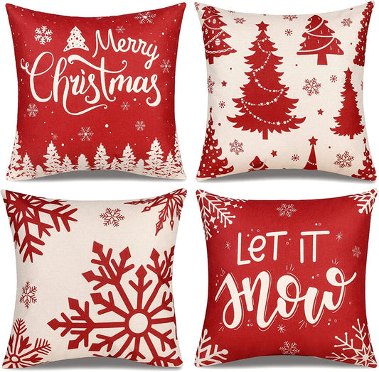 Christmas Pillow Covers 16X16 Set of 4 Red Throw Pillowcase Christmas Decorations Snowflake Farmhouse Linen Cushion Pillow Case for Home Decor Holiday Decorative