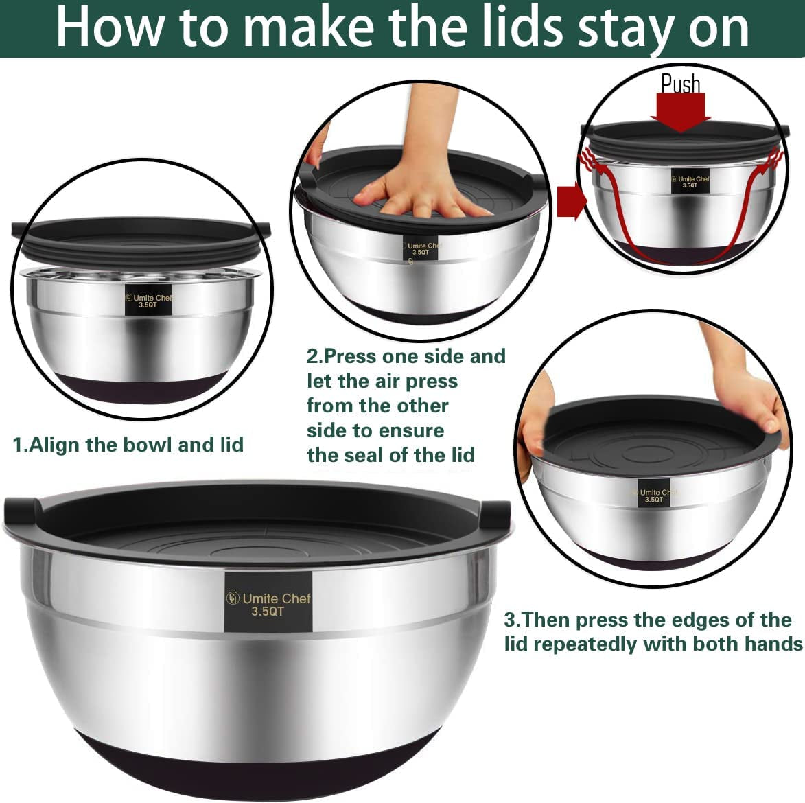 Mixing Bowls with Airtight Lids，6 Piece Stainless Steel Metal Nesting Storage Bowls, Non-Slip Bottoms Size 7, 3.5, 2.5, 2.0,1.5, 1QT, Great for Mixing & Serving(Black)