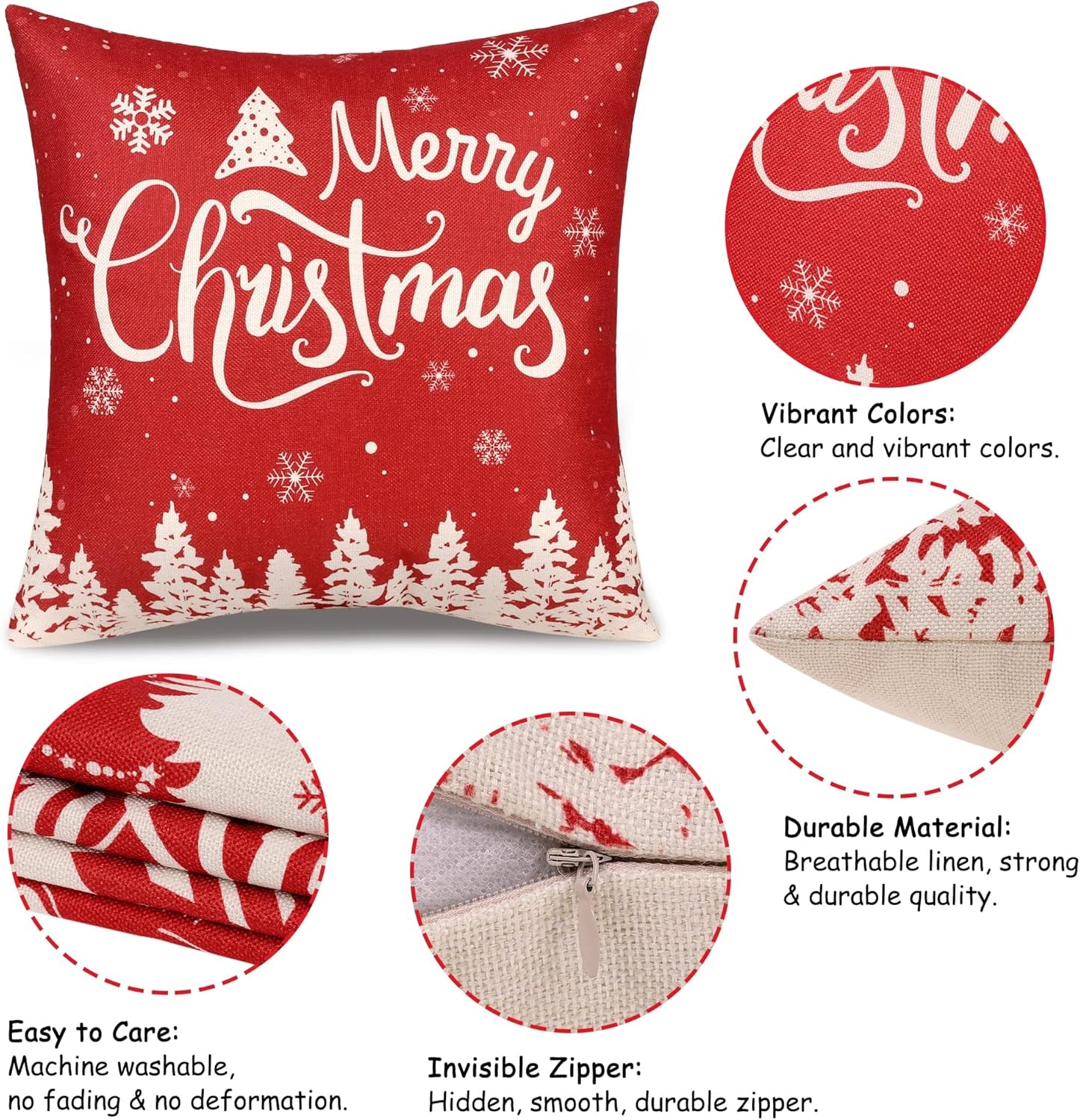 Christmas Pillow Covers 16X16 Set of 4 Red Throw Pillowcase Christmas Decorations Snowflake Farmhouse Linen Cushion Pillow Case for Home Decor Holiday Decorative